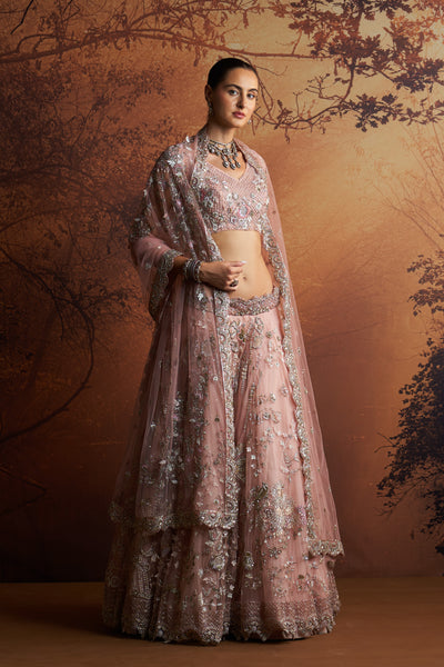 SALMON PINK EMBROIDERED DOUBLE LAYER LEHNGA PAIRED WITH SCALLOP EMBROIDERED VEIL AND DUPATTA  ( WD-06/LEH, WD-06A/BLS, WD-06B/DUP)