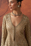 GOLD SILK TISSUE HEAVY EMB. LONG JACKET & GOLD TISSUE DRAPE SKIRT (2 PCS)