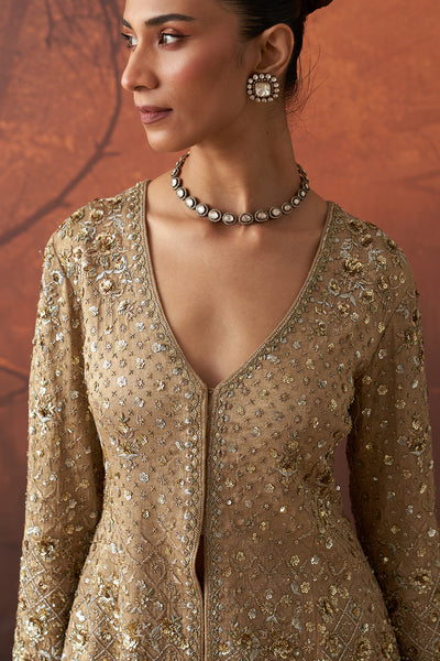 GOLD SILK TISSUE HEAVY EMB. LONG JACKET & GOLD TISSUE DRAPE SKIRT (2 PCS)
