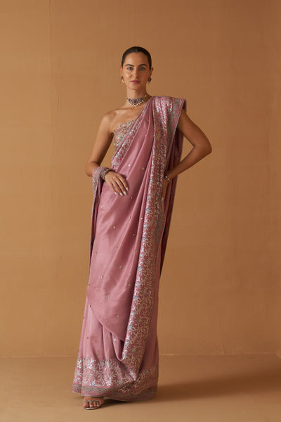 LILAC CHINESE DUPION FOIL PRINTED  & EMBROIDERED SAREE WITH LILAC UNSTITCHED BLOUSE & PETICOAT (SE-12)