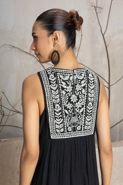 BLACK YOKE COTTON EMBROIDERED DRESS (1 PC)