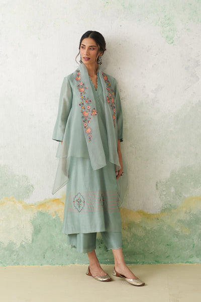 AQUA CHANDERI KASHMIRI EMB. KURTA SET (3 PCS)