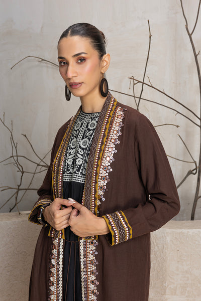 BROWN LINEN EMBROIDERED JACKET (1 PC)