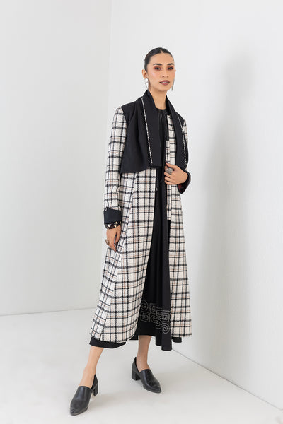 BLACK & WHITE CHEQUERED LONG WOOLEN TRENCH COAT (1 PC)