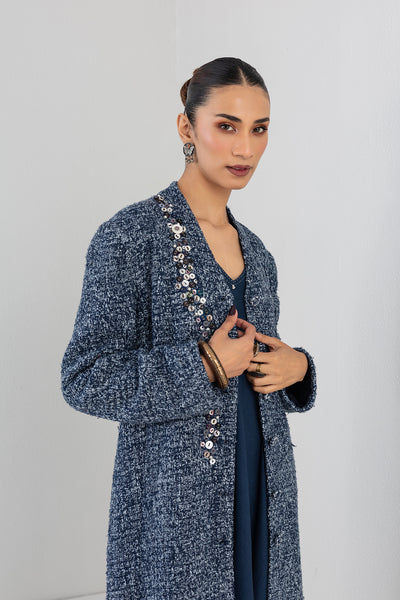 BLUE WOOLEN TEXTURED LONG JACKET (1 PC)