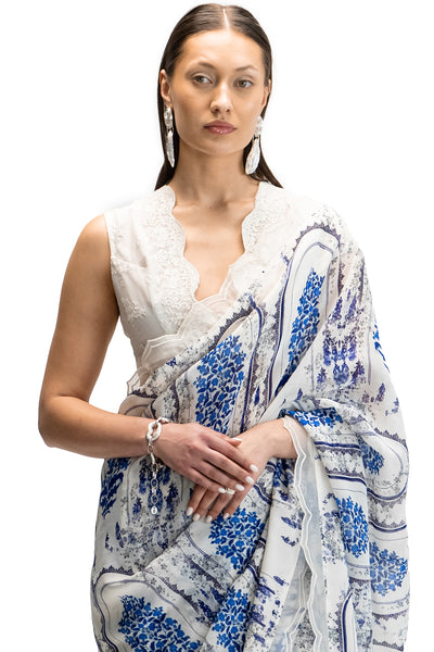 IVORY & BLUE PRINTED SAREE INSPIRED BY BLUE POTTERY (FA-26C)