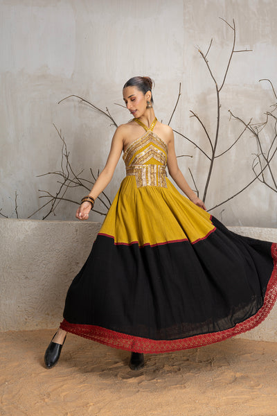 MUSTARD & BLACK KALA COTTON EMBROIDERED DRESS (1 PC)