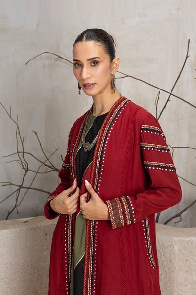 MADDER RED LINEN EMBROIDERED JACKET (1 PC)