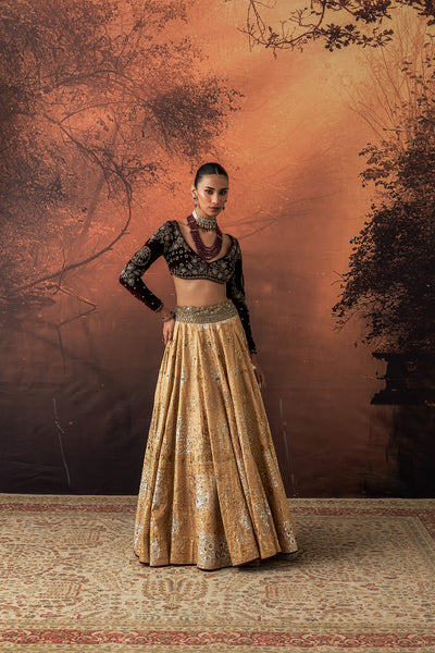 GOLD SILK TISSUE PRINTED & EMB. LEHENGA SET (EVO-07) (4 PCS)
