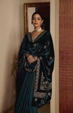 TEAL VELVET & TUSSAR EMBROIDERED SAREE SET (4 PCS)