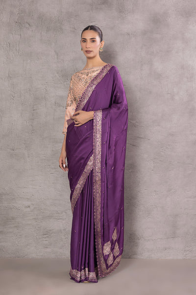 WINE PURE SATIN ANTIQUE ZARI EMBROIDERED SAREE