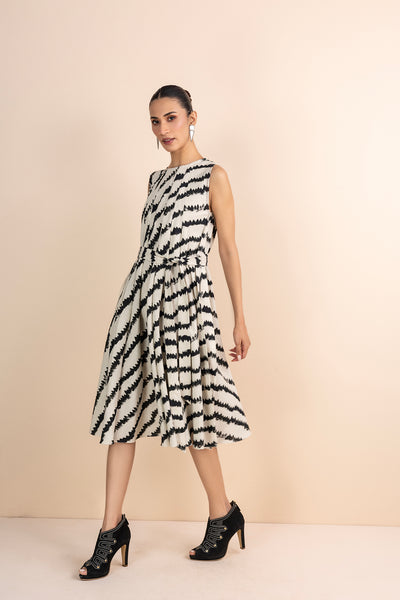 IVORY & BLACK HANDWOVEN COTTON PRINTED DRESS (1 PC)