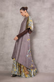 GREY & BROWN SILK DUPION TRENCH COAT PAIRED WITH GREY TREE PRINTED DUPION DRESS (AJP-07)