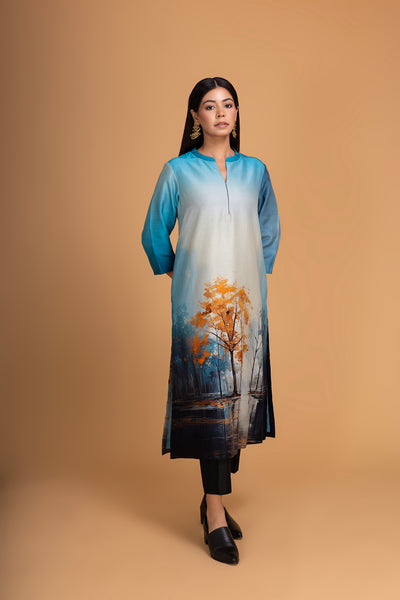 BLUE SILK CHANDERI DAWN PRINTED SHIRT (1 PC)