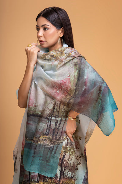 LIGHT BLUE CHANDERI PRINTED STOLE (1 PC)
