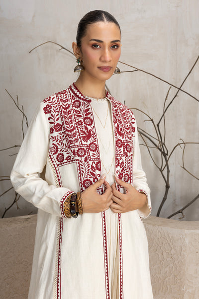 IVORY & RED LINEN EMBROIDERED JACKET (1 PC)