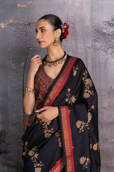 BLACK TUSSOR GEORGETTE DISCHARGE PRINTED SAREE (1 PC)