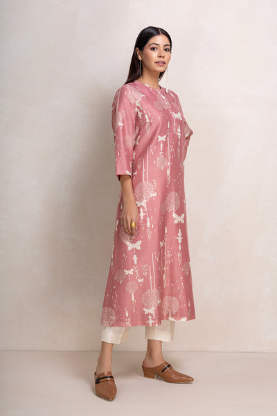 ONION PINK SILK CHANDERI PRINTED TUNIC (1 PC)