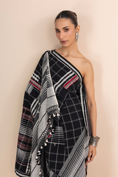 BLACK HANDWOVEN COTTON PATCHWORK DRAPED DRESS (1 PC)