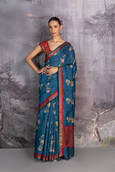 TEAL BLUE TUSSOR GEORGETTE DISCHARGE PRINTED SAREE (1 PC)