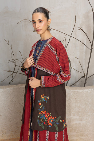 MADDER RED & BROWN LAYERED EMBROIDERED JACKET (1 PC)