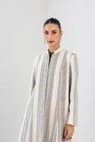 GREY & ECRU WOOLEN TEXTURED STRIPED LONG JACKET (1 PC)