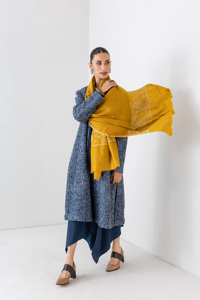 OCHRE YELLOW KASHMIRI EMBROIDERED PASHMINA STOLE (1 PC)