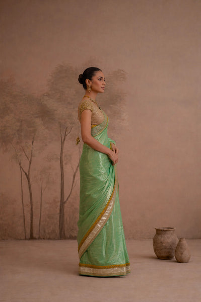 SAGE GREEN TISSUE SAREE WITH EMBROIDERED BORDER AND BLOUSE PIECE (2PCS)