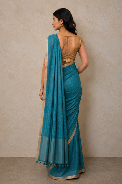 Woman wearing a teal saree with a beige blouse against a neutral background