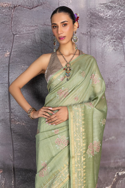 PISTA GREEN TUSSOR GEORGETTE SAREE (1 PC)