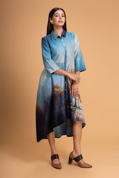 SHADES OF BLUE SILK CHANDERI PRINTED TUNIC (1 PC)