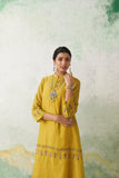 LIME GREEN THIN CHANDERI MULTICOLOUR KASHMIRI EMB. BACK SLIT KURTA SET (3 PCS)