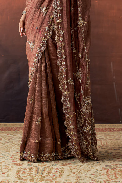 BROWN TISSUE EMB. SAREE SET (2 PCS)