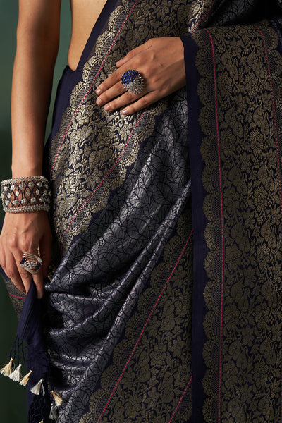 DARK BLUE TISSUE BANARASI SILK EMBROIDERED SAREE SET (1 PC)