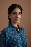 Teal blue silk mulmul printed stylized shirt (veg-11a/shirt)