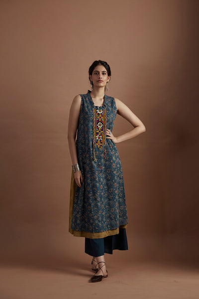 Teal & mustard printed & hand embroidered tunic (veg-13d/tnc)