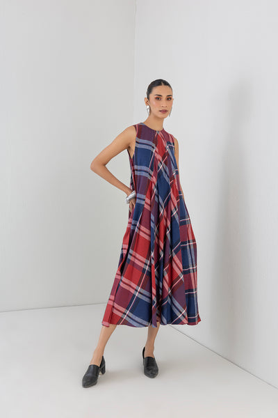 BLUE & RED BOLD CHEQUERED SOFT WOOLEN LONG DRESS (1 PC)