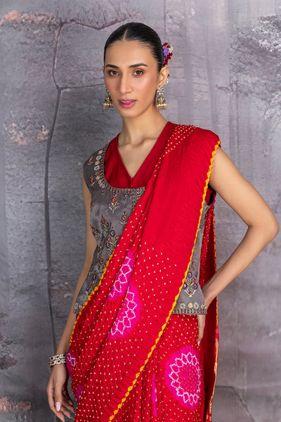 RED GAJI SILK BANDHANI EMBROIDERED SAREE (1 PC)