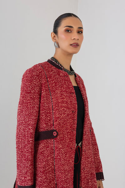 RED TEXTURED WOOLEN MID LENGTH JACKET (1 PC)