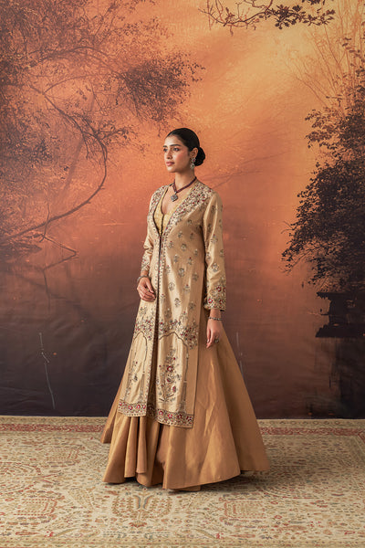 GOLD SILK TISSUE HEAVY EMB. LONG JACKET SET (3 PCS)