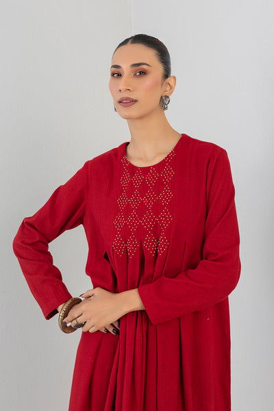 RED BOX PLEATED MELANGE EMBROIDERED DRESS (1 PC)