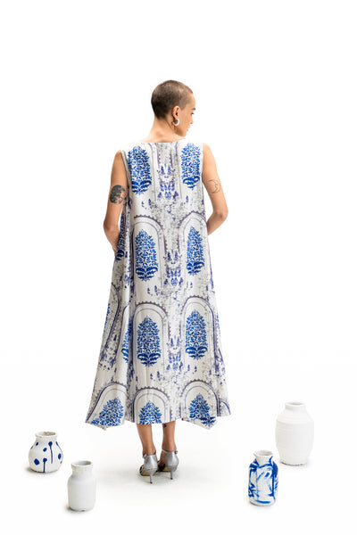 IVORY & BLUE PERSIAN PORCELAIN PRINTED DRESS WITH IVORY & BLUE PRINTED CAPE (BP-08)
