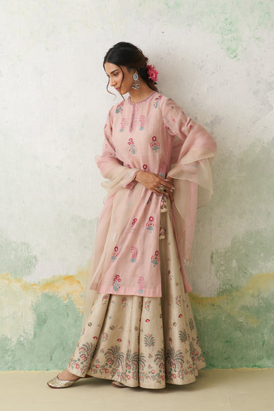 TOOSH & SOFT PINK DUPION PTD. WITH HAND KASHMIRI EMB. LEHENGA SET (4 PCS)