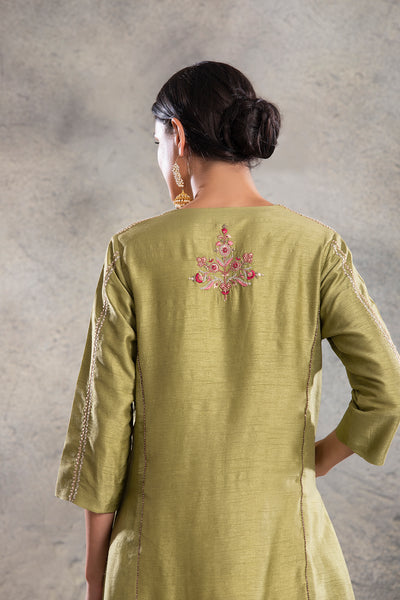 OLIVE GREEN DUPION EMBROIDERED KURTA SET(3 PC)
