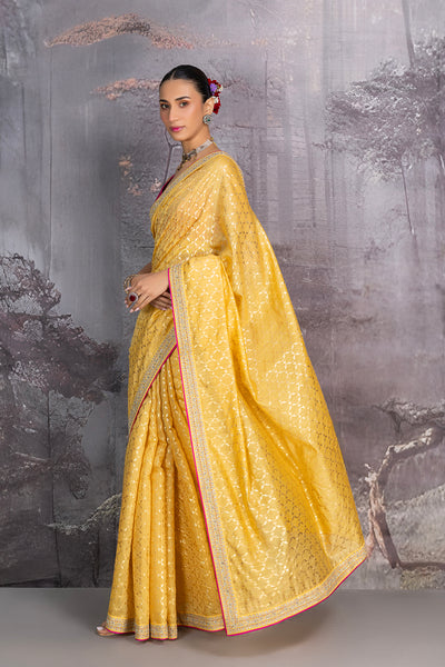 YELLOW GEORGETTE TUSSOR FOIL PRINTED SAREE SET (3 PCS)