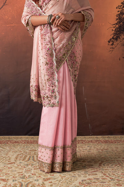 ONION PINK TUSSAR & ORGANZA EMB. TWO-PIECE SAREE SET (3 PCS)