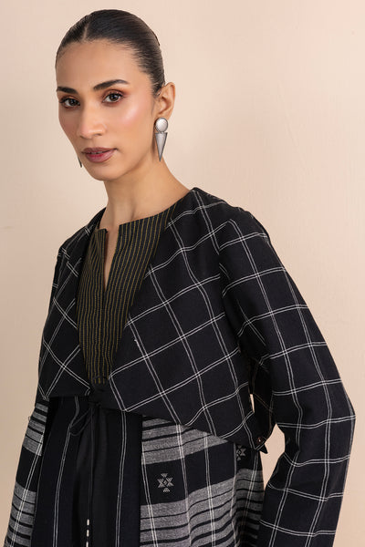 BLACK CHECK HANDWOVEN COTTON TRIPLE LAYERED LONG JACKET (1 PC)