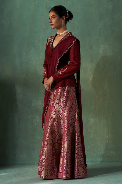 MAROON BROCADE EMBROIDERED SKIRT WITH ATTACHED PALLU (1 PC)