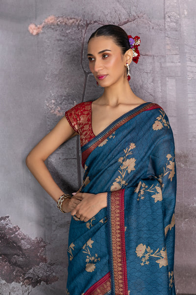 TEAL BLUE TUSSOR GEORGETTE DISCHARGE PRINTED SAREE (1 PC)