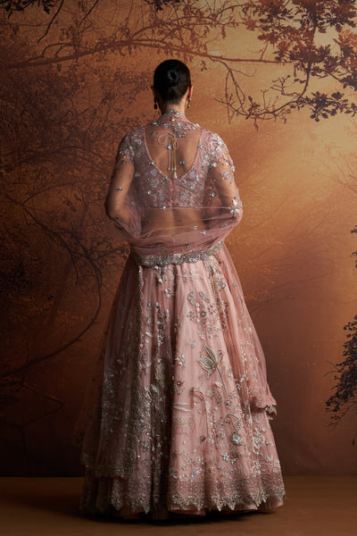 SALMON PINK EMBROIDERED DOUBLE LAYER LEHNGA PAIRED WITH SCALLOP EMBROIDERED VEIL AND DUPATTA  ( WD-06/LEH, WD-06A/BLS, WD-06B/DUP)